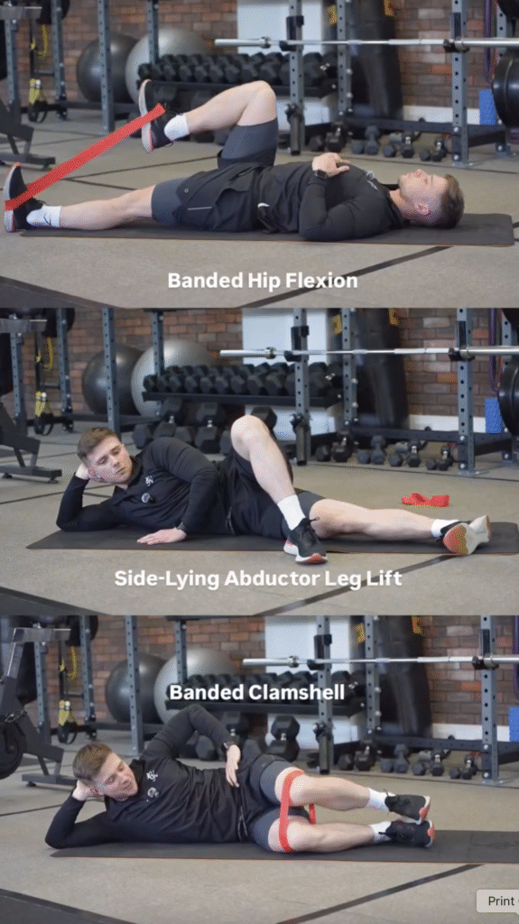 Trainer demonstrating three hip mobility exercises: banded hip flexion, side-lying abductor leg lift, and banded clamshell at The Training Gyms in Milton Keynes.