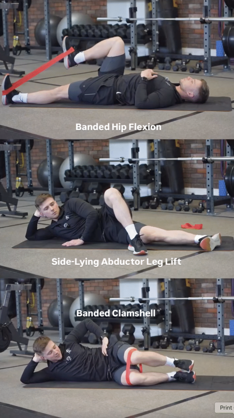 Trainer demonstrating three hip mobility exercises: banded hip flexion, side-lying abductor leg lift, and banded clamshell at The Training Gyms in Milton Keynes.