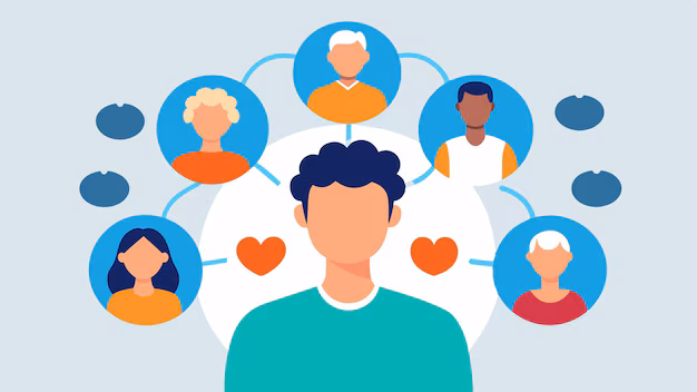 Illustration of a person smiling and surrounded by supportive friends, representing the health benefits of social connection through personal training in Northampton.